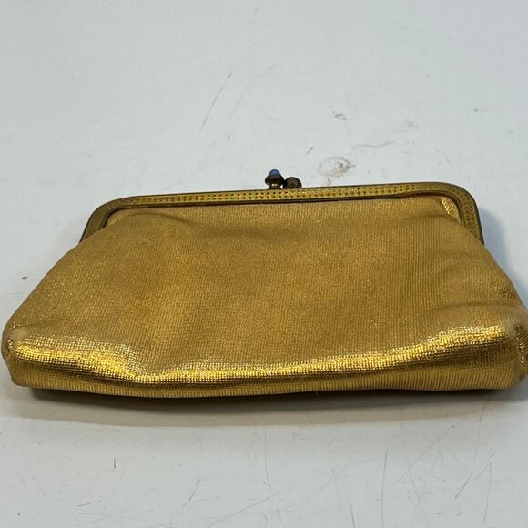 Vintage Gold Metallic Kiss Lock Coin Purse Blue Bead Clasp Red Satin Lining - Picture 2 of 4